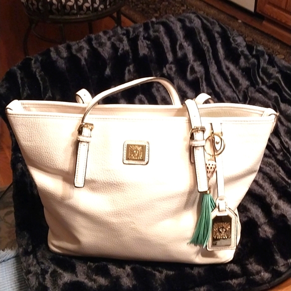 Anne Klein Ivory White Women's Faux Leather Purse Tote Bag Satchel Lion Logo - Picture 2 of 15